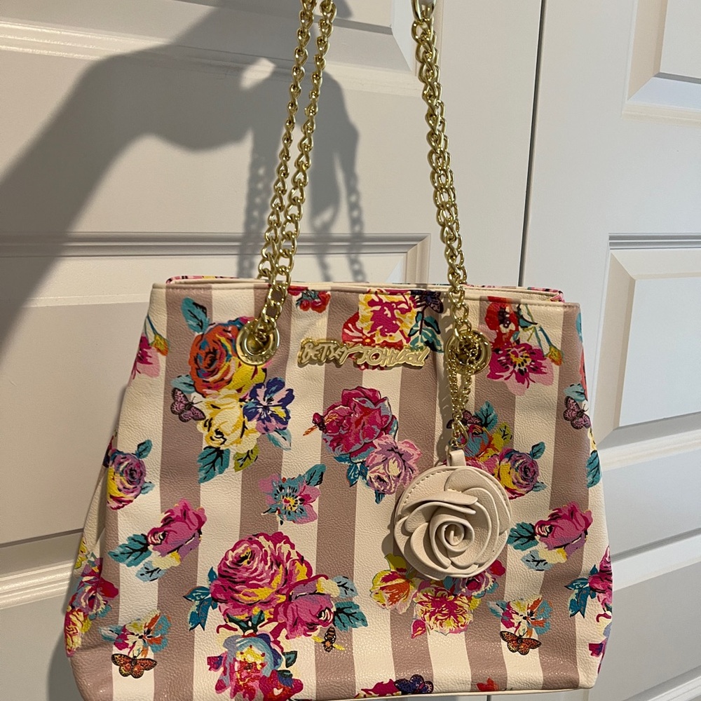 Betsey Johnson Floral Striped Bag with Gold Chain